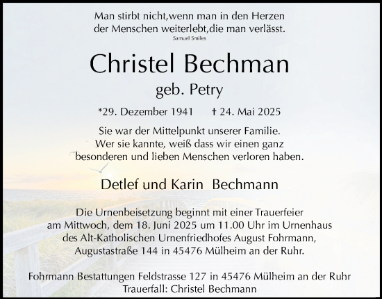 Traueranzeige von Christel Bechman von Tageszeitung