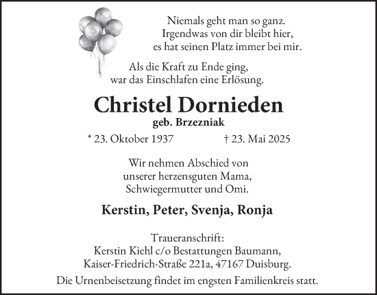 Traueranzeige von Christel Dornieden von Tageszeitung