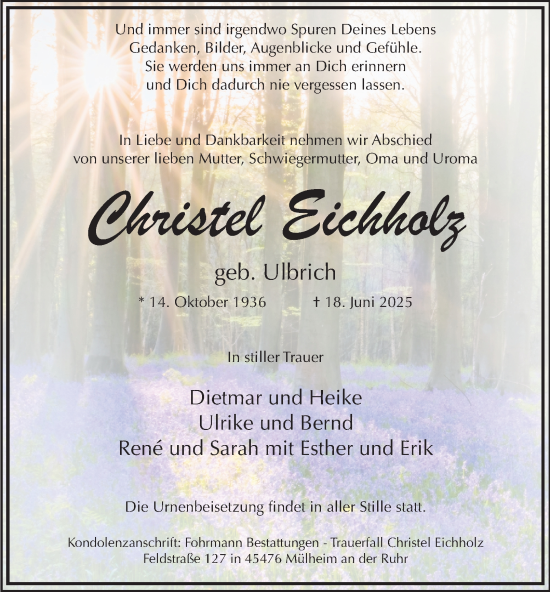 Traueranzeige von Christel Eichholz von Tageszeitung