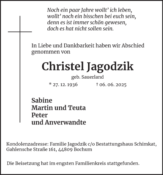 Traueranzeige von Christel Jagodzik von Tageszeitung