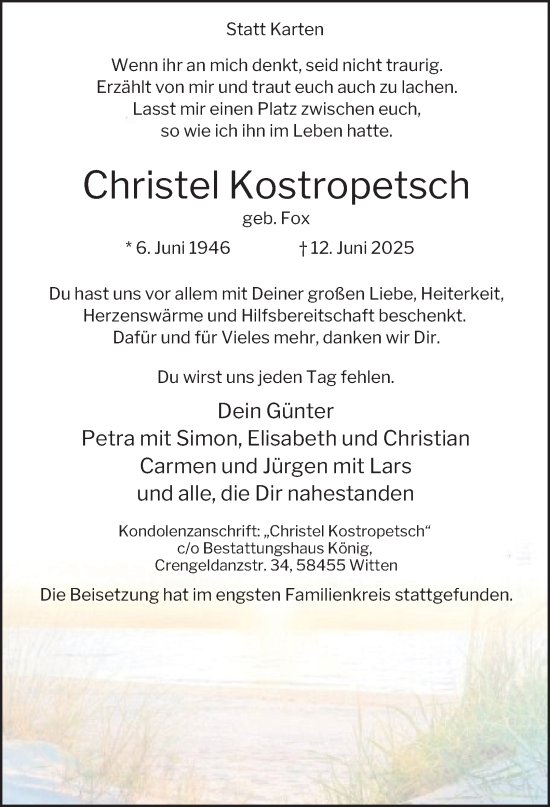 Traueranzeige von Christel Kostropetsch von Tageszeitung