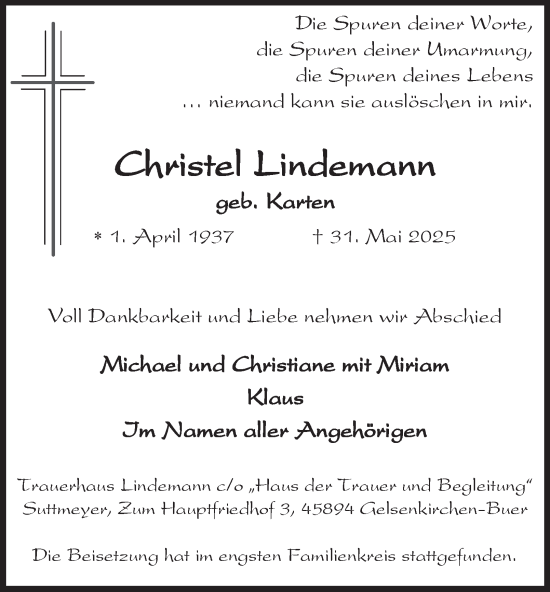 Traueranzeige von Christel Lindemann von Tageszeitung