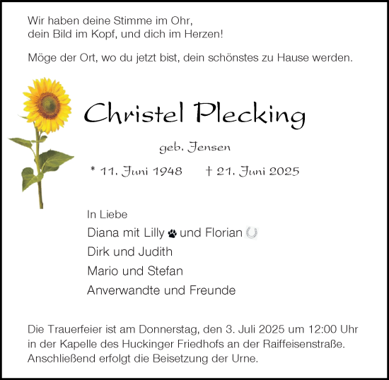 Traueranzeige von Christel Plecking von Tageszeitung