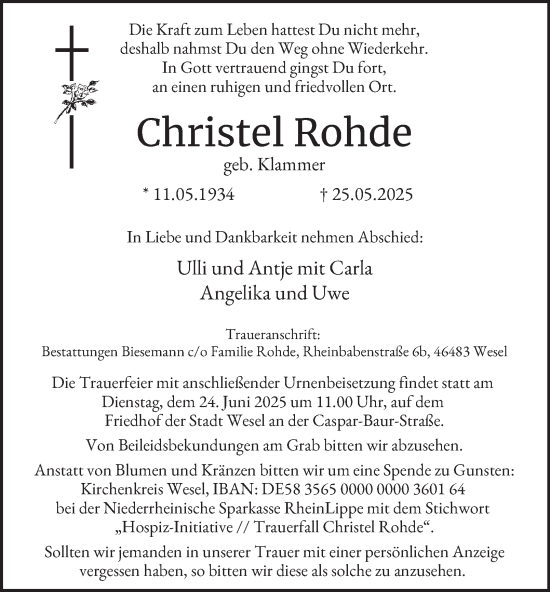 Traueranzeige von Christel Rohde von Tageszeitung