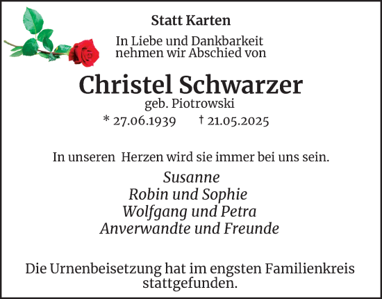 Traueranzeige von Christel Schwarzer von Tageszeitung