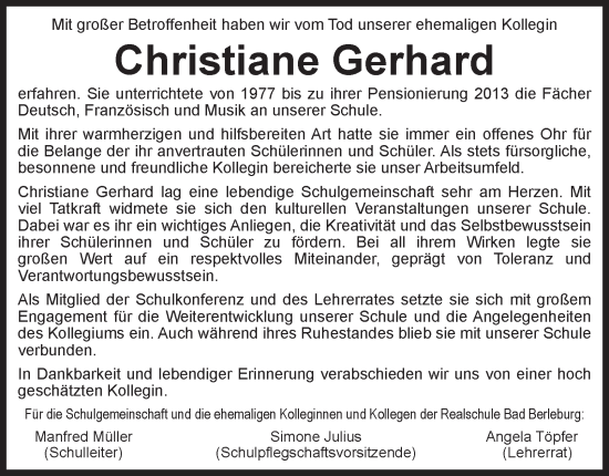 Traueranzeige von Christiane Gerhard von Tageszeitung