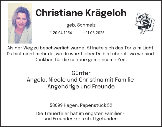 Traueranzeige von Christiane Krägeloh von Tageszeitung