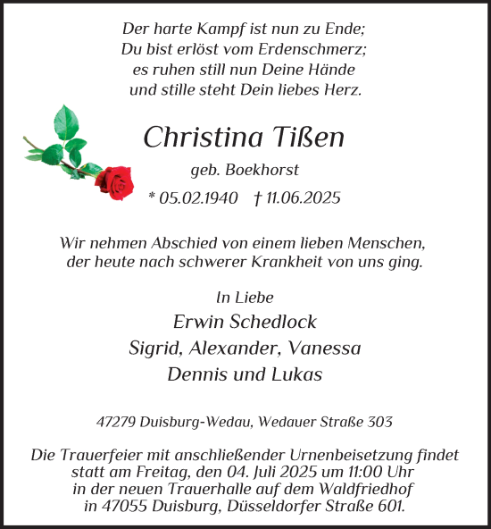 Traueranzeige von Christina Tißen von Tageszeitung