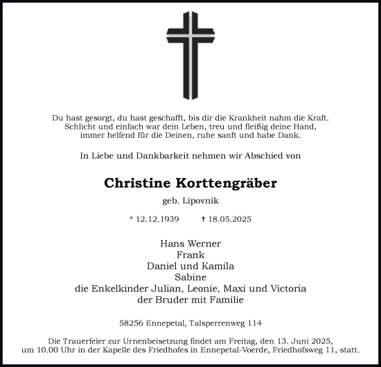 Traueranzeige von Christine Korttengräber von Tageszeitung