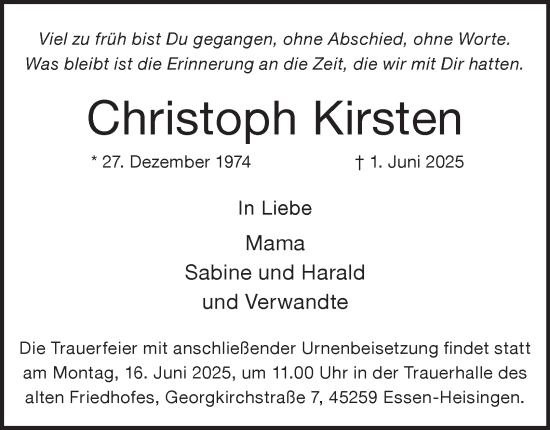 Traueranzeige von Christoph Kirsten von Tageszeitung