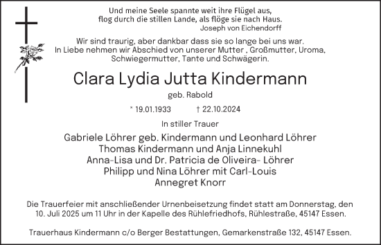 Traueranzeige von Clara  Kindermann von Tageszeitung