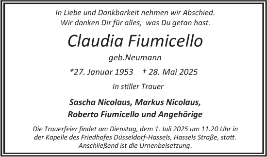 Traueranzeige von Claudia Fiumicello von Tageszeitung