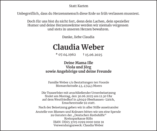 Traueranzeige von Claudia Weber von Tageszeitung