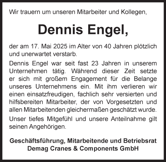 Traueranzeige von Dennis Engel von Tageszeitung