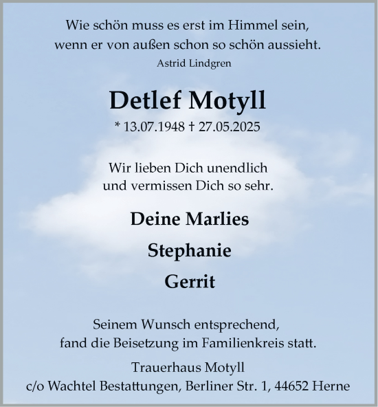 Traueranzeige von Detlef Motyll von Tageszeitung