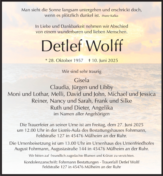 Traueranzeige von Detlef Wolff von Tageszeitung