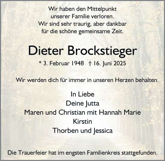 Traueranzeige von Dieter Brockstieger von Tageszeitung
