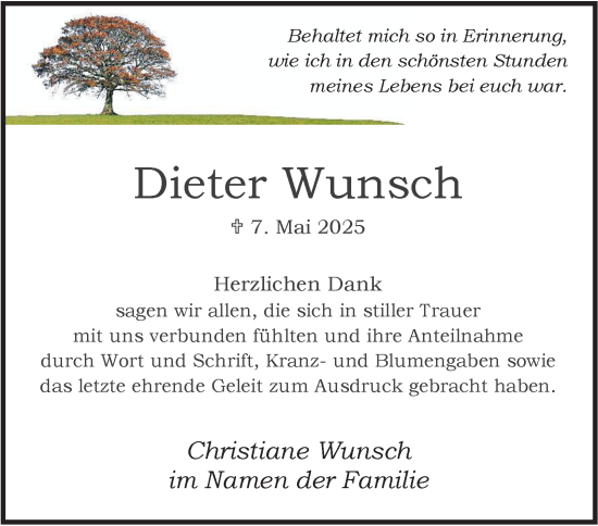 Traueranzeige von Dieter Wunsch von Tageszeitung