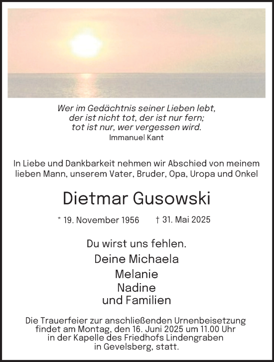 Traueranzeige von Dietmar Gusowski von Tageszeitung