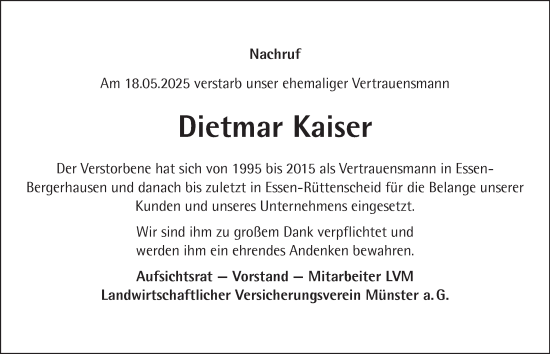 Traueranzeige von Dietmar Kaiser von Tageszeitung