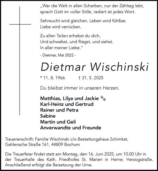 Traueranzeige von Dietmar Wischinski von Tageszeitung