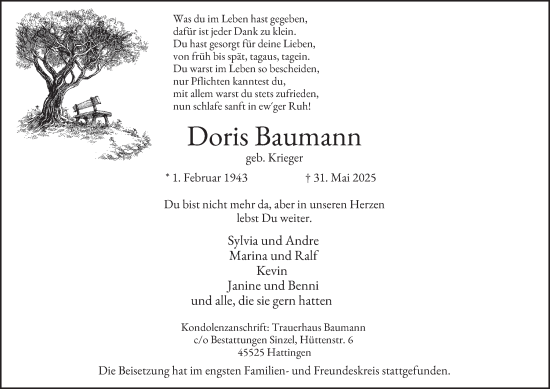 Traueranzeige von Doris Baumann von Tageszeitung