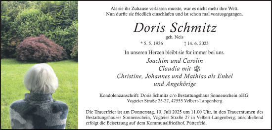 Traueranzeige von Doris Schmitz von Tageszeitung