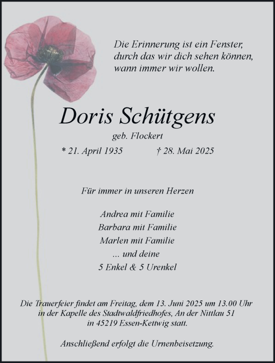 Traueranzeige von Doris Schütgens von Tageszeitung