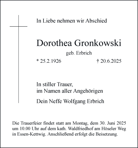 Traueranzeige von Dorothea Gronkowski von Tageszeitung