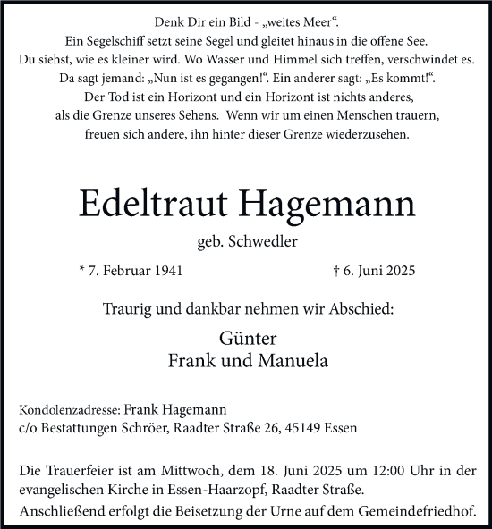 Traueranzeige von Edeltraut Hagemann von Tageszeitung