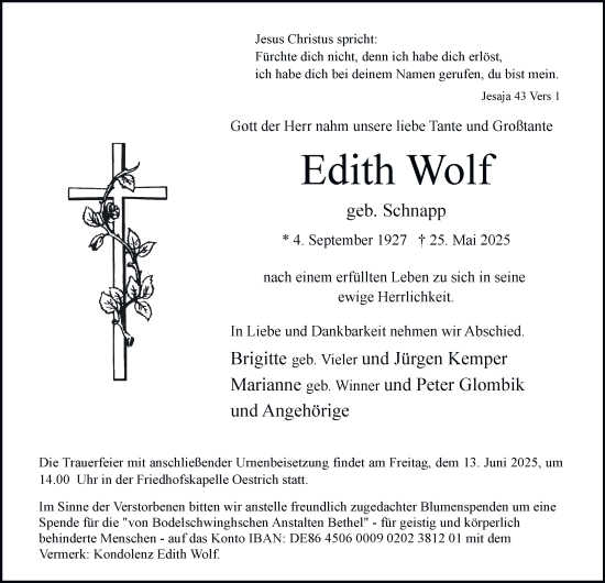 Traueranzeige von Edith Wolf von Tageszeitung