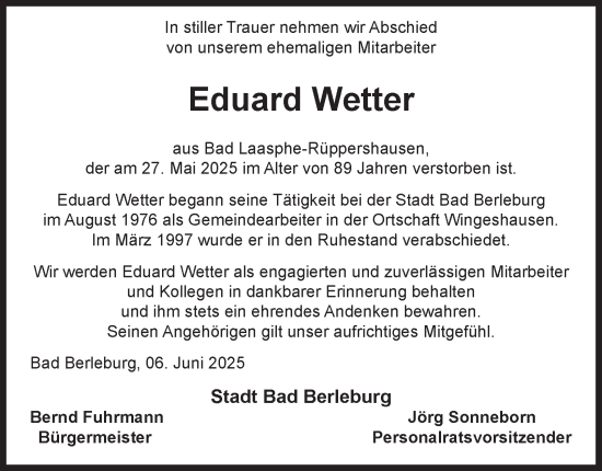 Traueranzeige von Eduard Wetter von Tageszeitung