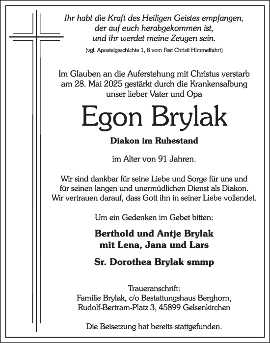 Traueranzeige von Egon Brylak von Tageszeitung