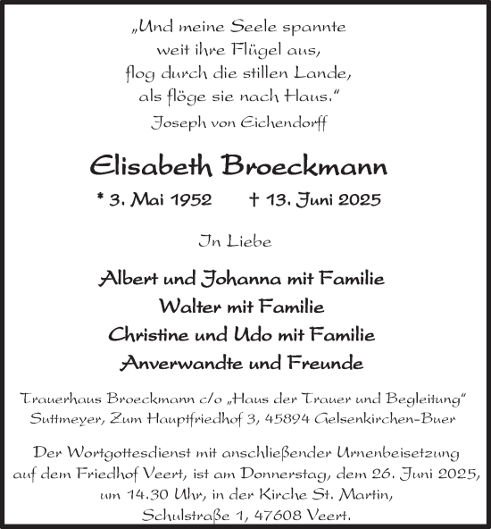 Traueranzeige von Elisabeth Broeckmann von Tageszeitung