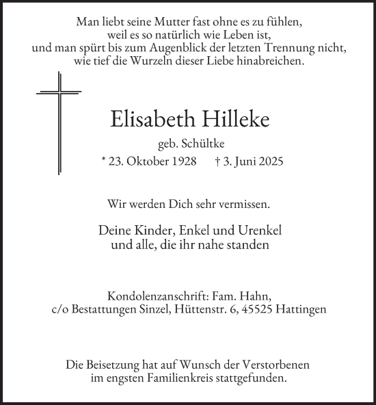 Traueranzeige von Elisabeth Hilleke von Tageszeitung