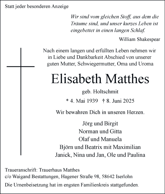 Traueranzeige von Elisabeth Matthes von Tageszeitung