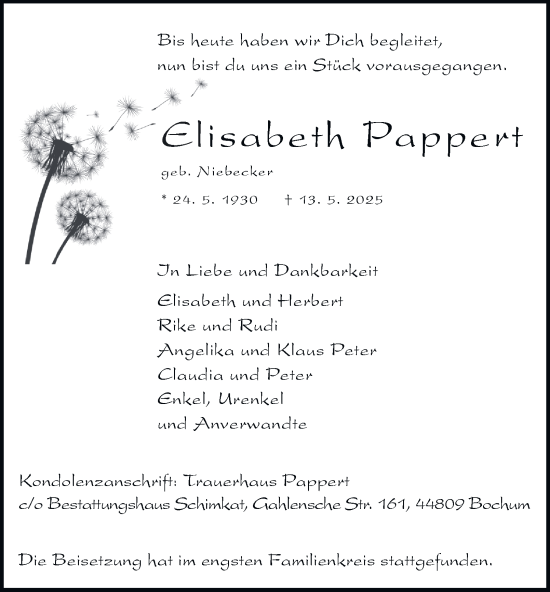 Traueranzeige von Elisabeth Pappert von Tageszeitung