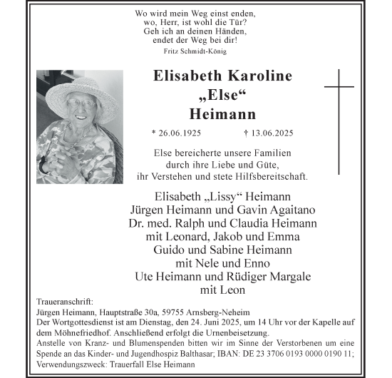Traueranzeige von Elisabeth Karoline Heimann von Tageszeitung