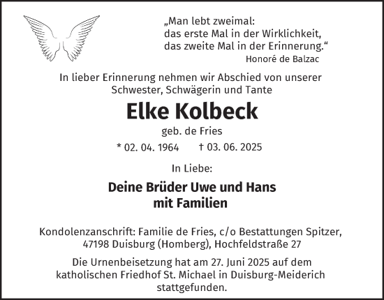 Traueranzeige von Elke Kolbeck von Tageszeitung