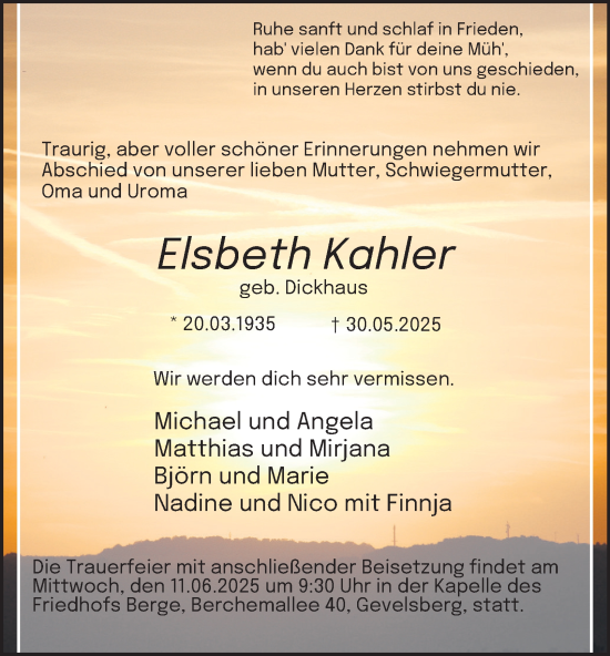 Traueranzeige von Elsbeth Kahler von Tageszeitung