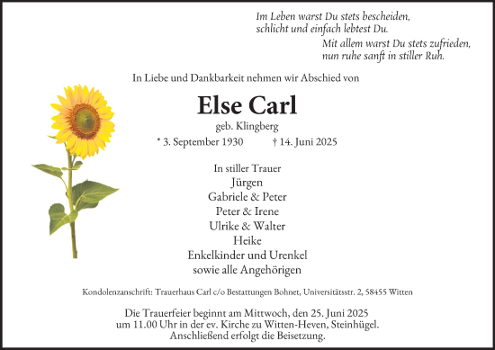 Traueranzeige von Else Carl von Tageszeitung