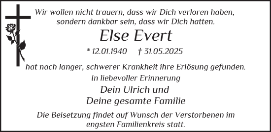 Traueranzeige von Else Evert von Tageszeitung