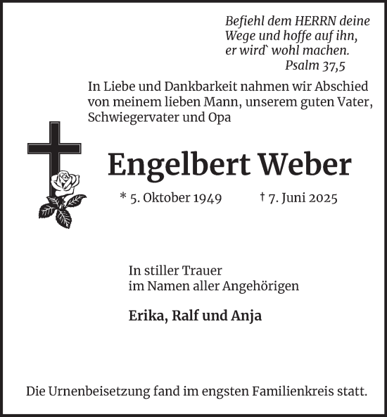 Traueranzeige von Engelbert Weber von Tageszeitung