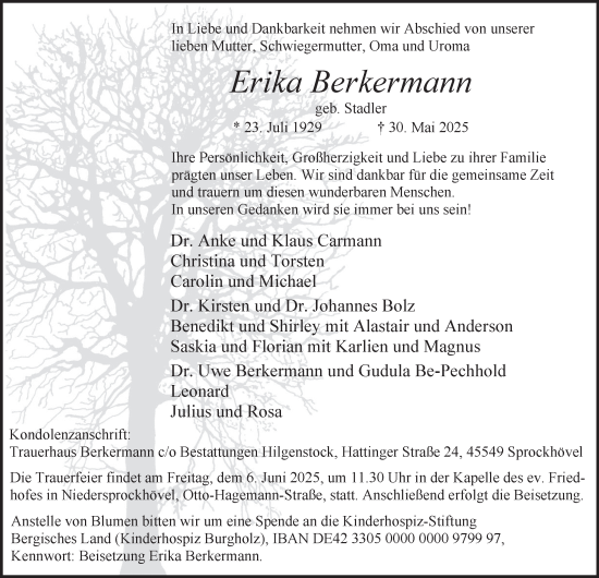 Traueranzeige von Erika Berkermann von Tageszeitung