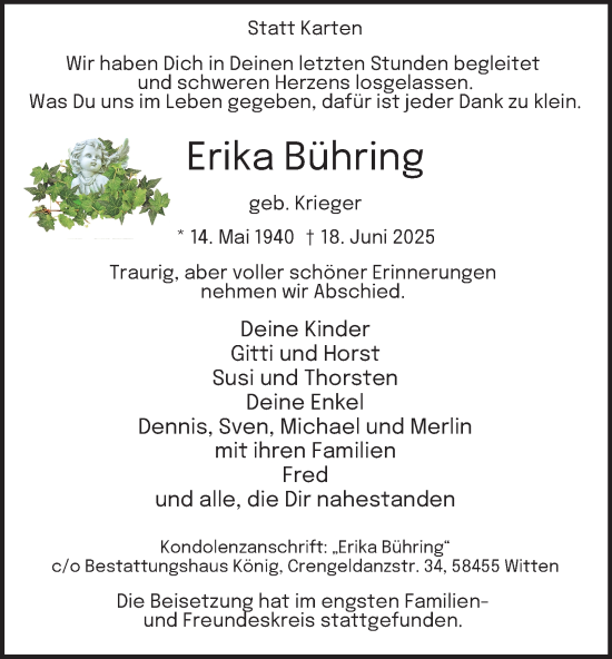Traueranzeige von Erika Bühring von Tageszeitung
