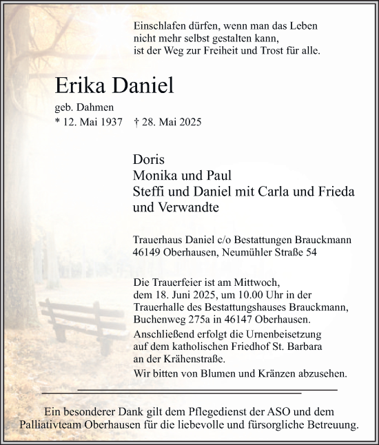Traueranzeige von Erika Daniel von Tageszeitung
