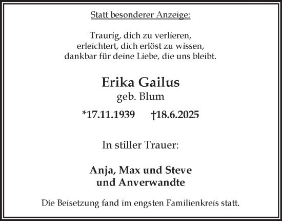 Traueranzeige von Erika Gailus von Tageszeitung