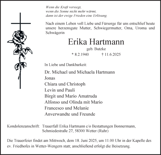 Traueranzeige von Erika Hartmann von Tageszeitung
