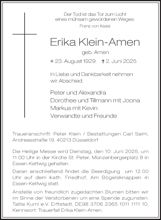 Traueranzeige von Erika Klein-Amen von Tageszeitung