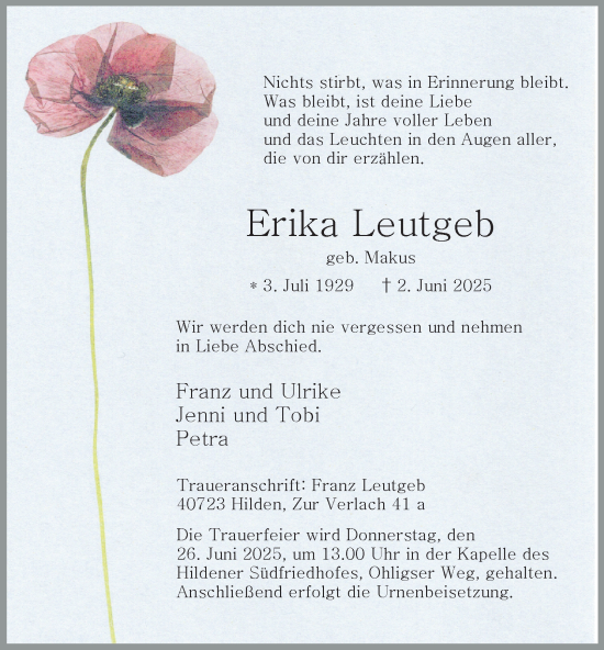 Traueranzeige von Erika Leutgeb von Tageszeitung